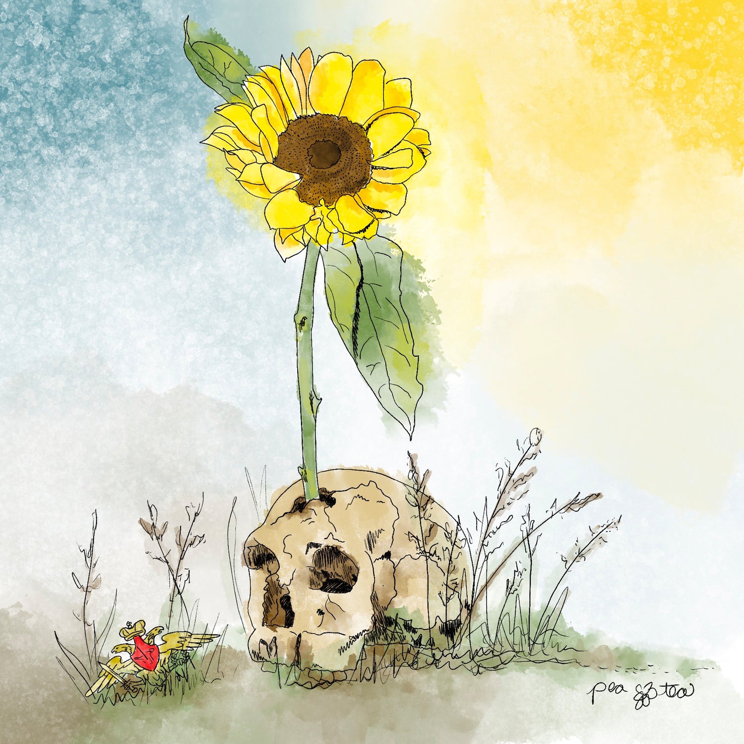 Watercolor painting of a vibrant sunflower growing from a cracked human skull.  A Russian military insignia is rusting in the weeds to the left of the skull.