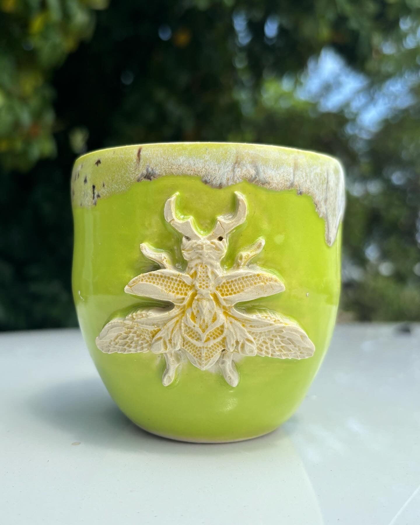 Photo of a bright green ceramic mug featruing a stag beetle ceramic decal in yellow and the bone white of the bare clay.