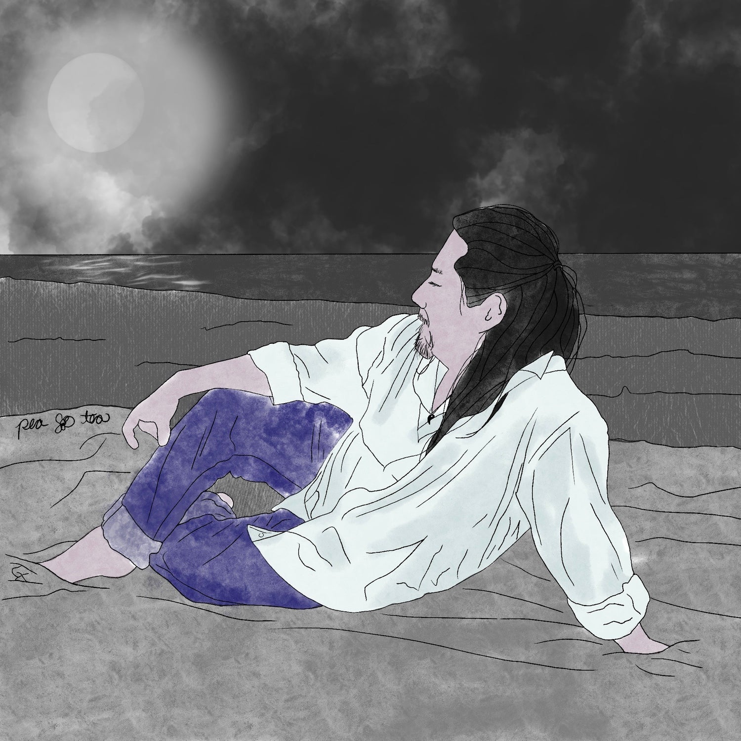 Colored pencil sketch of a man with long dark hair and a beard sitting in the sand on a moonlit beach.