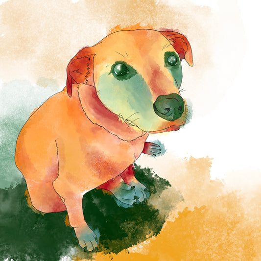 Watercolor print of an orange and green dog on a golden background.