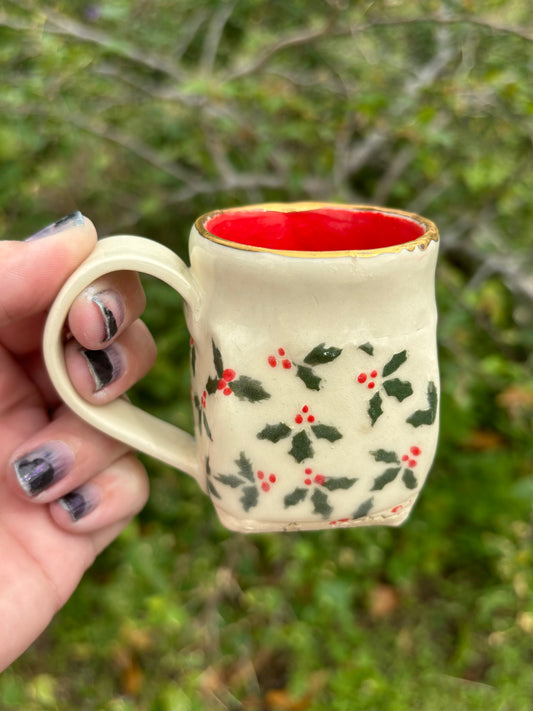 Holly Leaves Demitasse Mug in Reds and Bright Golds