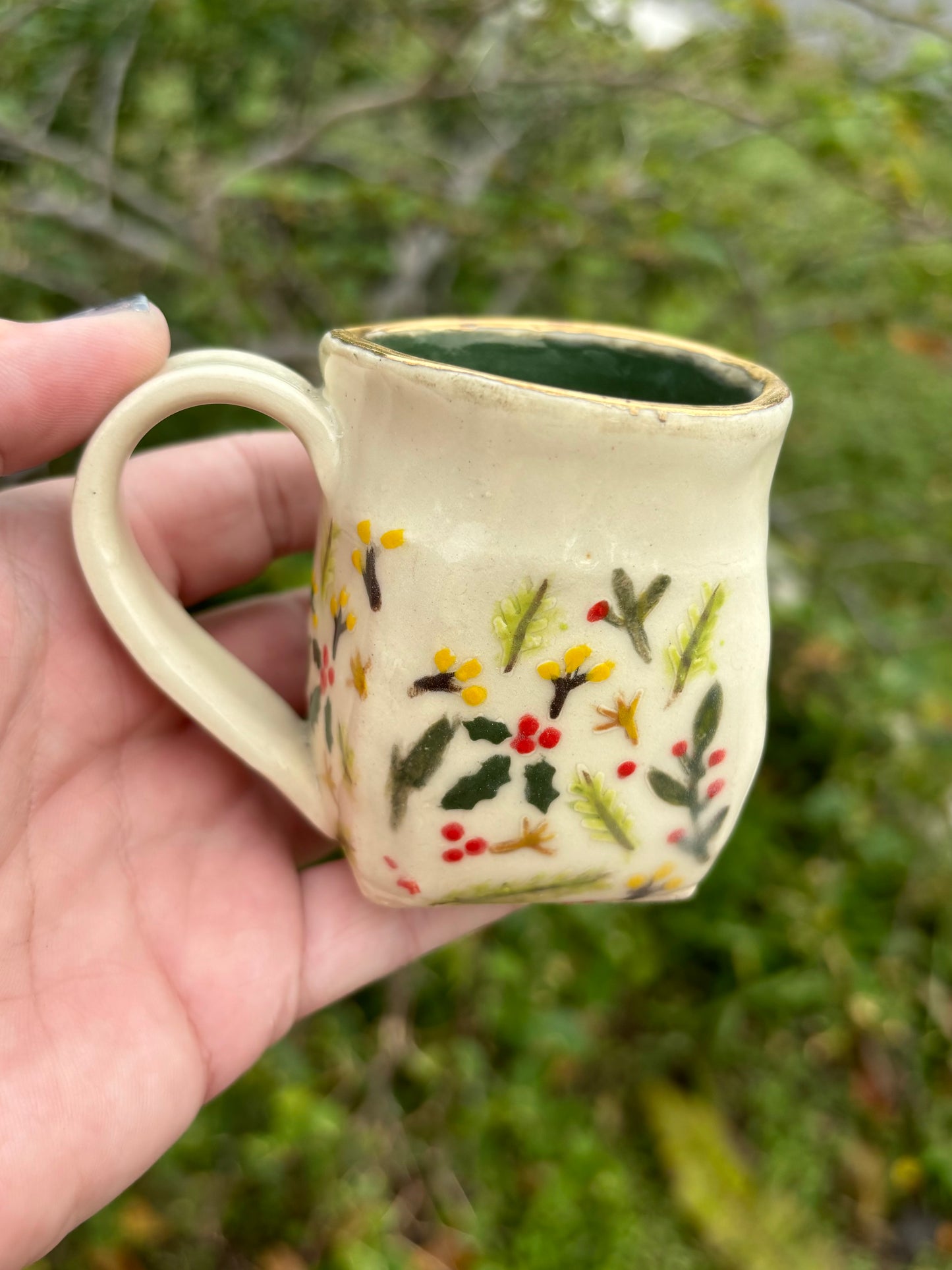 Holiday Flora Demitasse Mug in Greens and Bright Golds