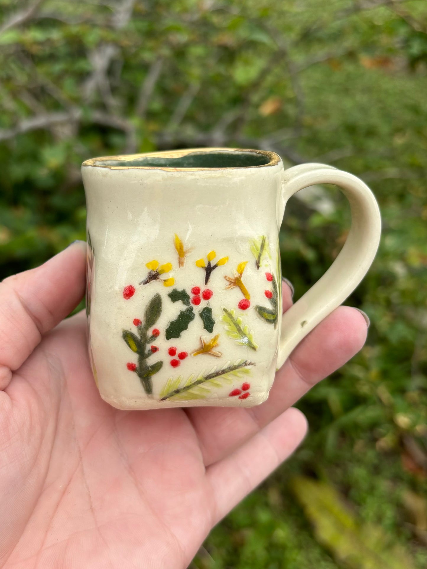 Holiday Flora Demitasse Mug in Greens and Bright Golds