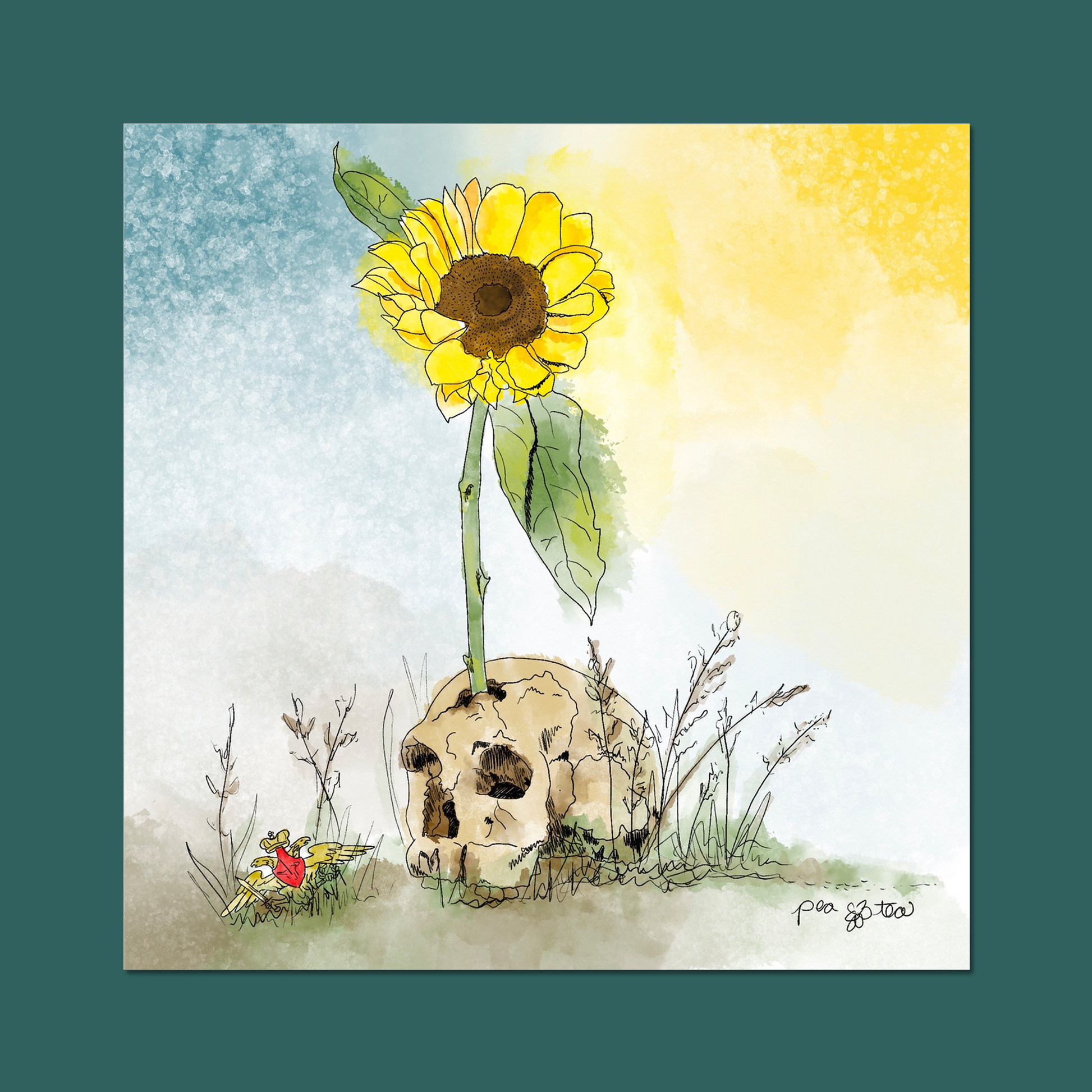 Art print of a sunflower growing out of a human skull in the weeds with a Russian military insignia pin beside the skull.