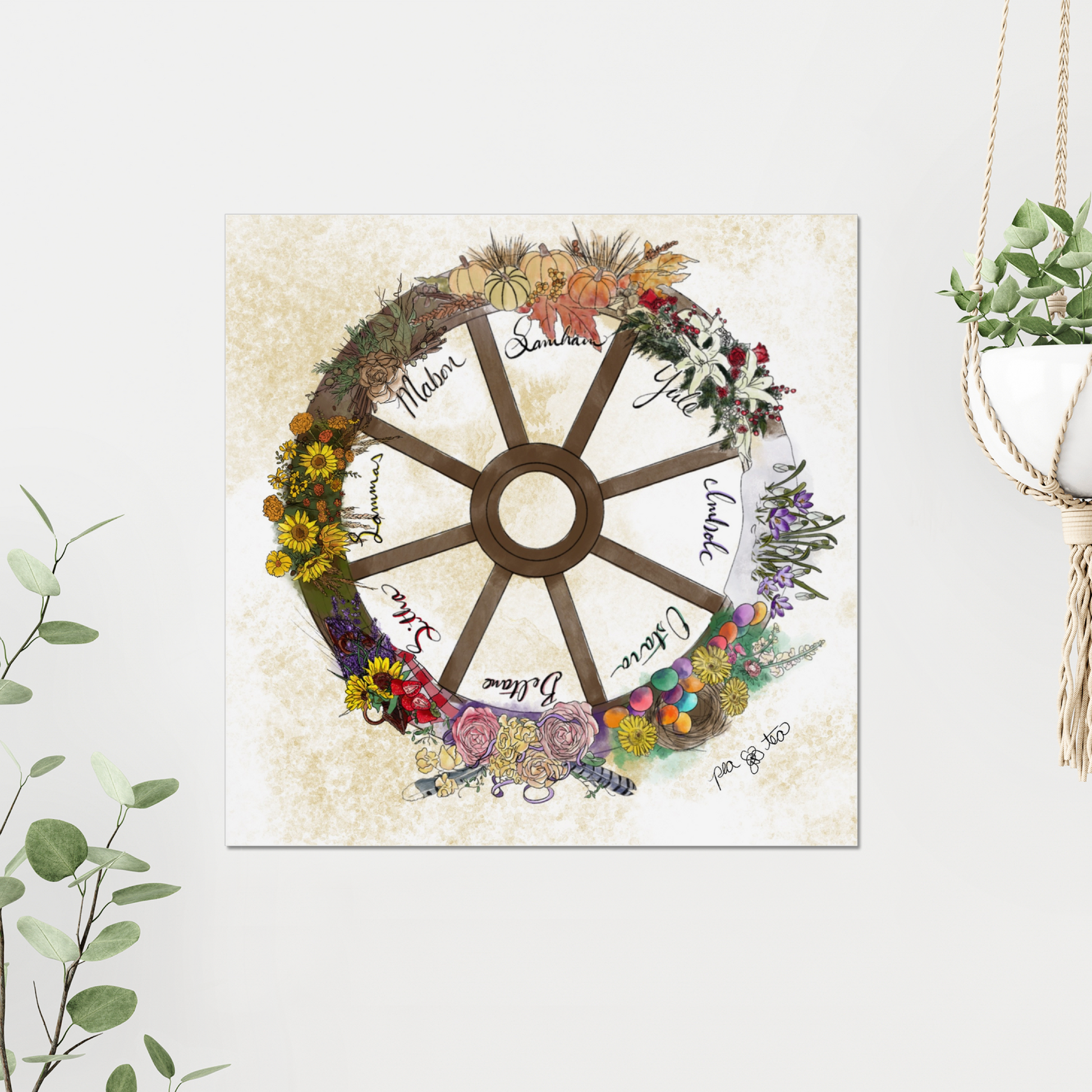 Photo of an art print featuring the wheel of the year as a wagon wheel with seasonal flowers around the full circle, hanging on a white wall with other frames and a plant framing the shot.